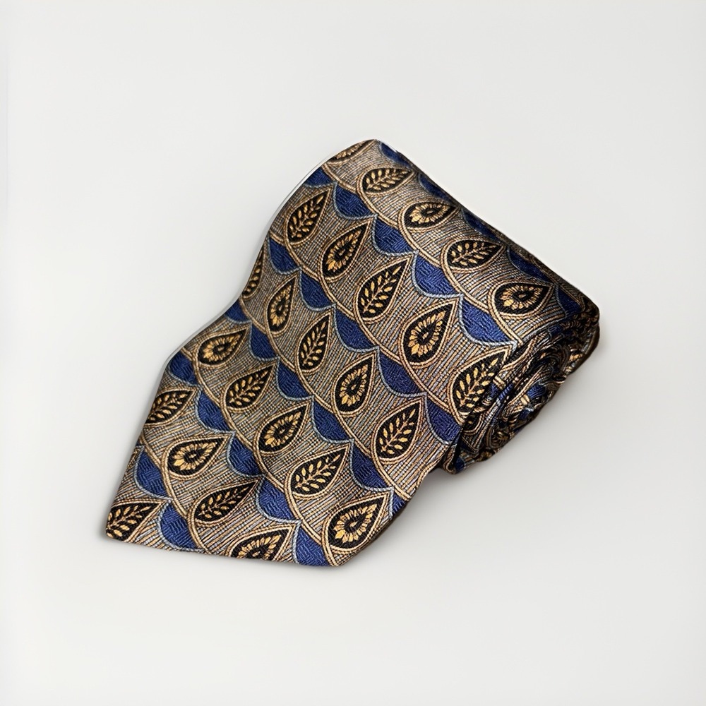 Geoffrey Beene Geometric Men's Tie Gold Brown White 100%‎ Silk Handmade Neckwear